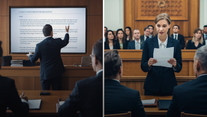 a lawyer demonstrating a case through courtroom animation services vs. a lawyer explaining a case through a piece of paper a lawyer demonstrating a case through courtroom animation services vs. a lawyer explaining a case through a piece of paper