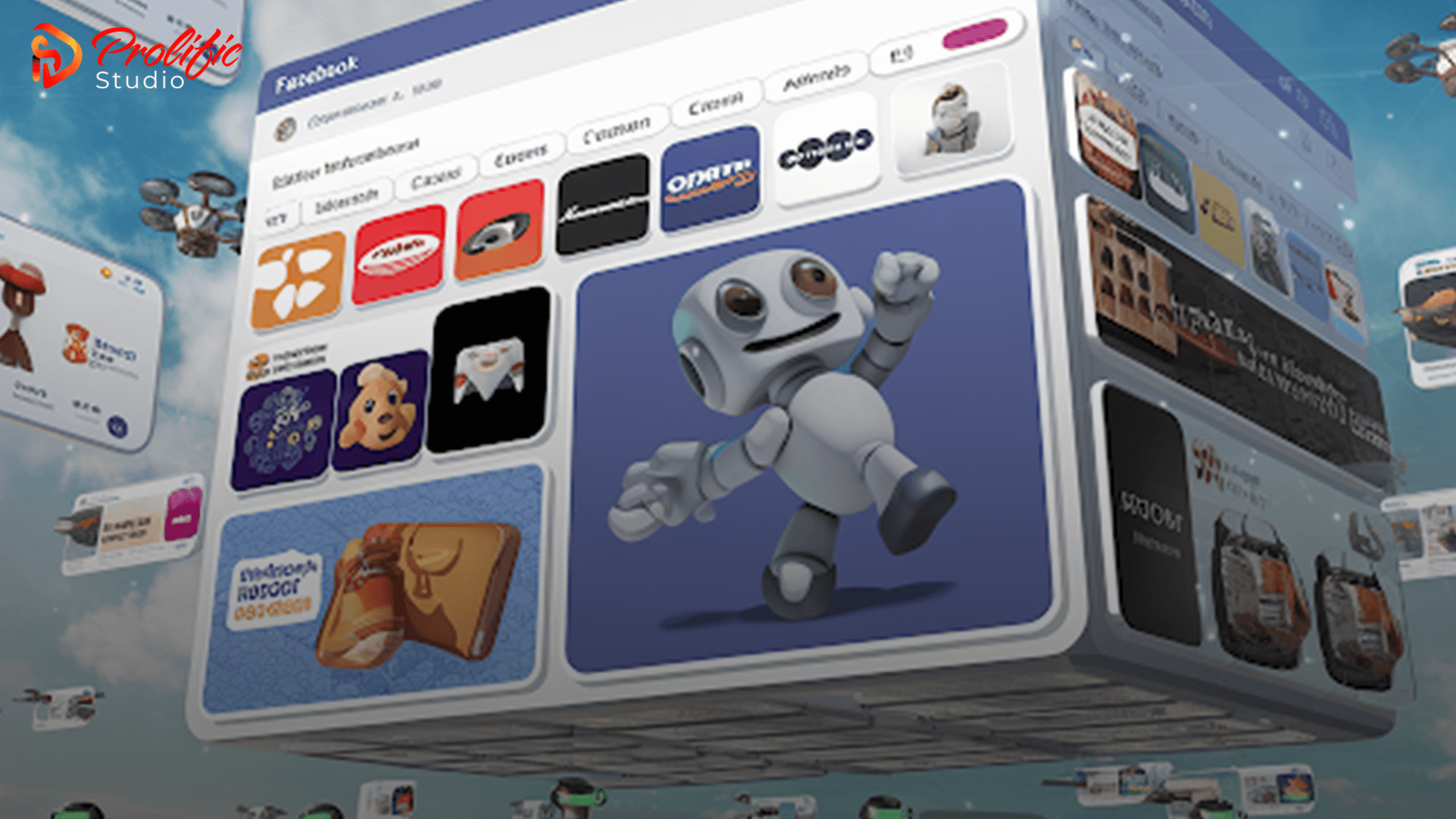 A 3D illustration of a future world with a giant Facebook like platform floating in the sky.