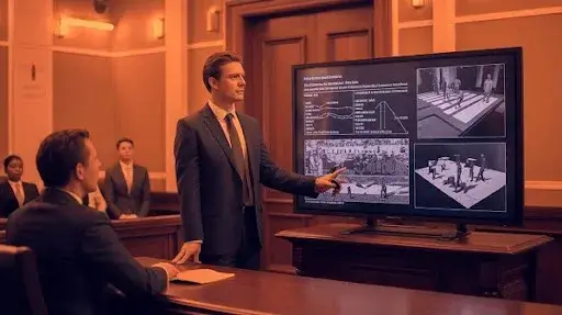 A lawyer presenting legal animation to the courtroom A lawyer presenting legal animation to the courtroom
