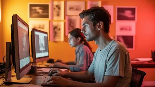 Animators working on animation frames Animators working on animation frames