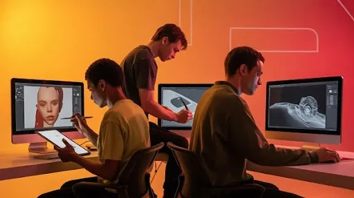 Artists using different software tools for concept art development Artists using different software tools for concept art development