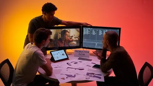 production team working on the production timeline production team working on the production timeline