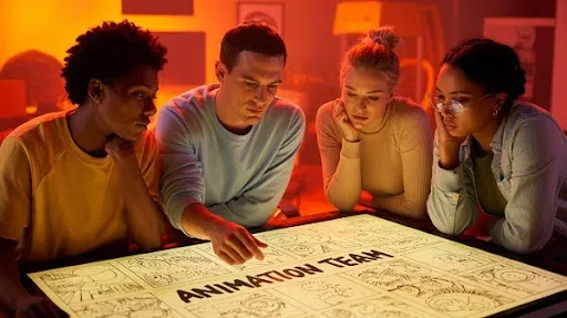 Animators assessing a storyboard Animators assessing a storyboard