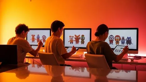 Animators working on brand mascot creation Animators working on brand mascot creation