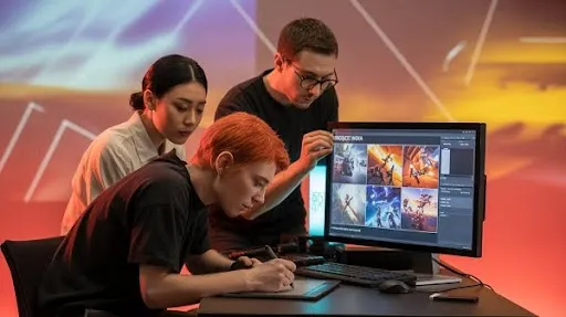 Animators working on game trailer creation Animators working on game trailer creation