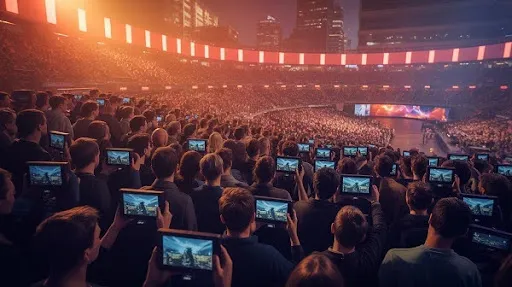 People watching a game trailer People watching a game trailer