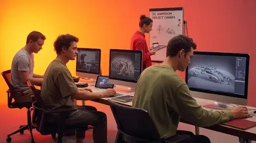 Animators working on a 3D animation project Animators working on a 3D animation project