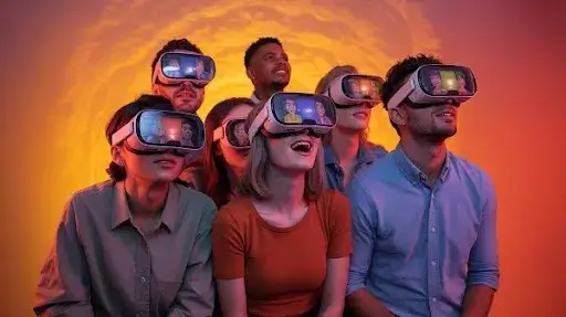 People looking at animated characters with VR headsets People looking at animated characters with VR headsets