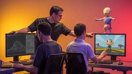 Game designers working on low poly game designing Game designers working on low poly game designing