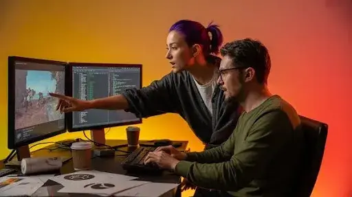 Game developers working on creating games Game developers working on creating games