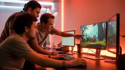 Game development professionals working on creating game environment Game development professionals working on creating game environment