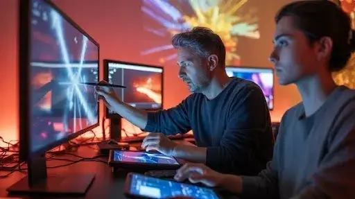Professionals working on the special effects aspect of game creation Professionals working on the special effects aspect of game creation