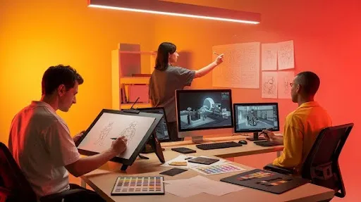 Creative professionals working on the different aspects of pre production in game art Creative professionals working on the different aspects of pre production in game art