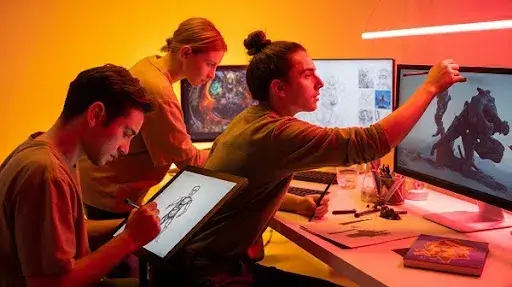 Game creatives working on in game art Game creatives working on in game art
