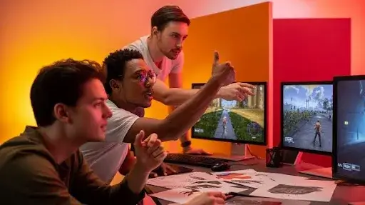 Game development professionals testing different camera angle setting for the gameplay Game development professionals testing different camera angle setting for the gameplay