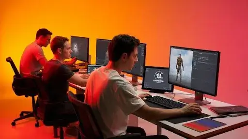 Professionals working on game development using Unreal Engine Professionals working on game development using Unreal Engine