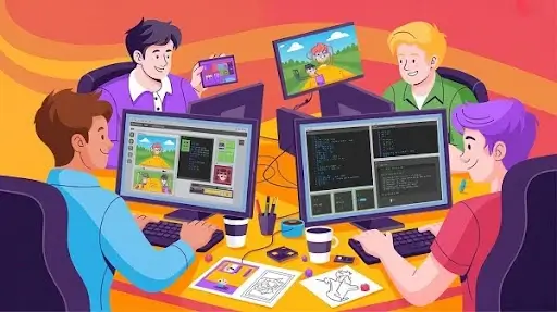 An animated version of game developers creating games using GameMaker